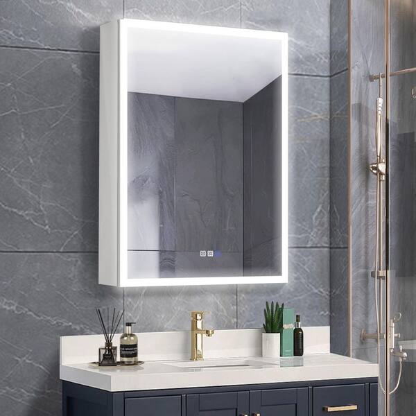 24 in. W x 30 in. H Rectangular Silver Aluminum Recessed/Surface Mount Lighted Medicine Cabinet with Mirror Open Left