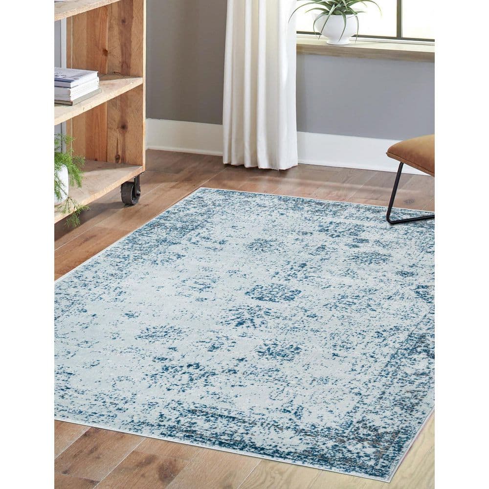 Reversible Easy-Care Light Blue Synthetic Rectangular Rug