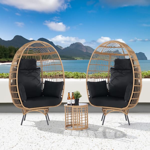 BFB 3-Piece Patio Wicker Swivel Lounge Outdoor Bistro Set with Side Table, Black Cushions