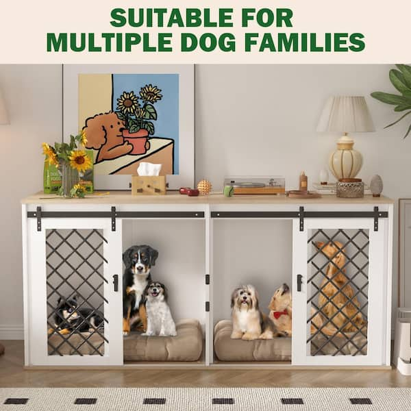 70.8 in. Indestructible Dog House with Removable Irons for 2 Medium Dogs, Modern Large Dog Crate Kennel Furniture, White