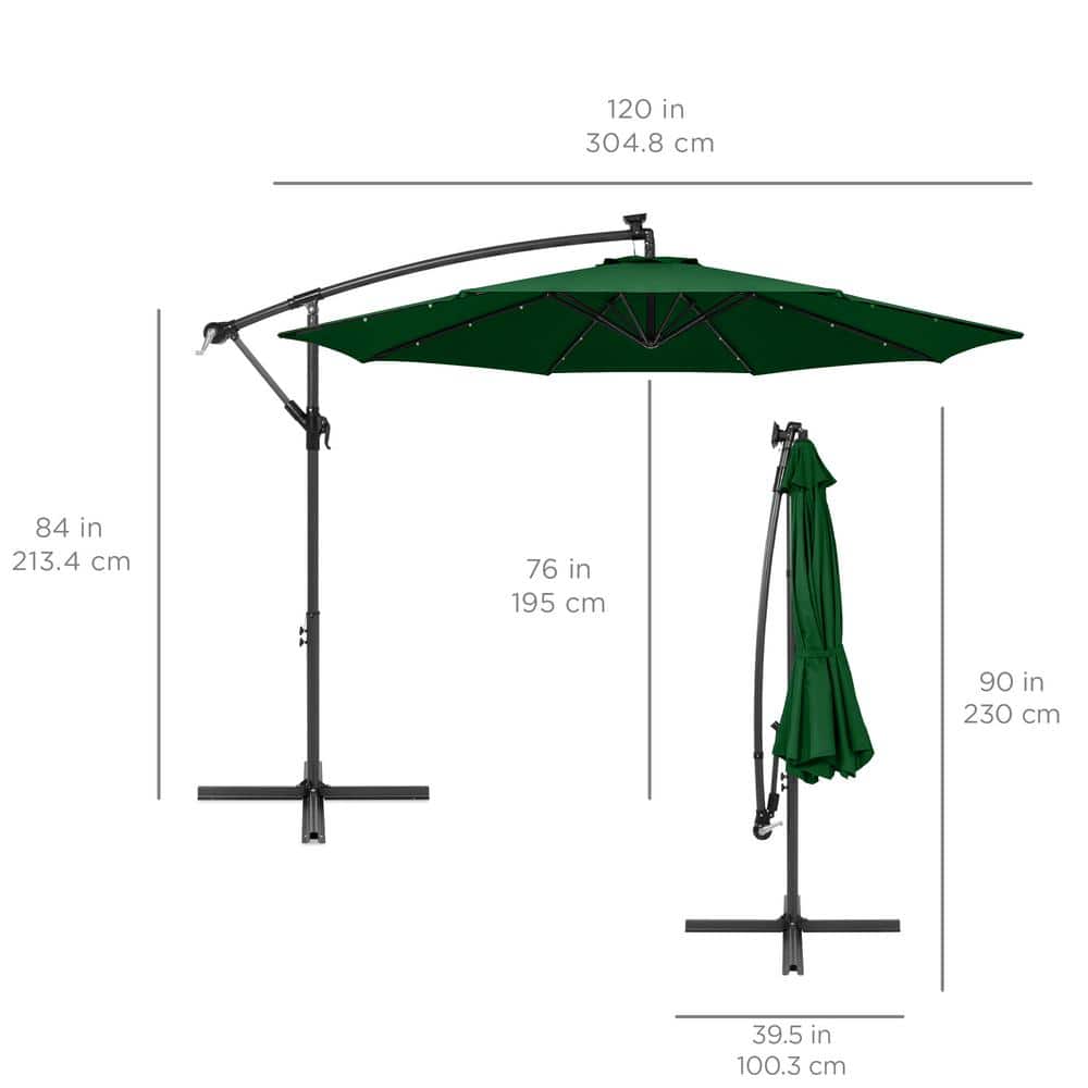 10ft Green Polyester Market Patio Umbrella with Adjustable Tilt and LED Lights