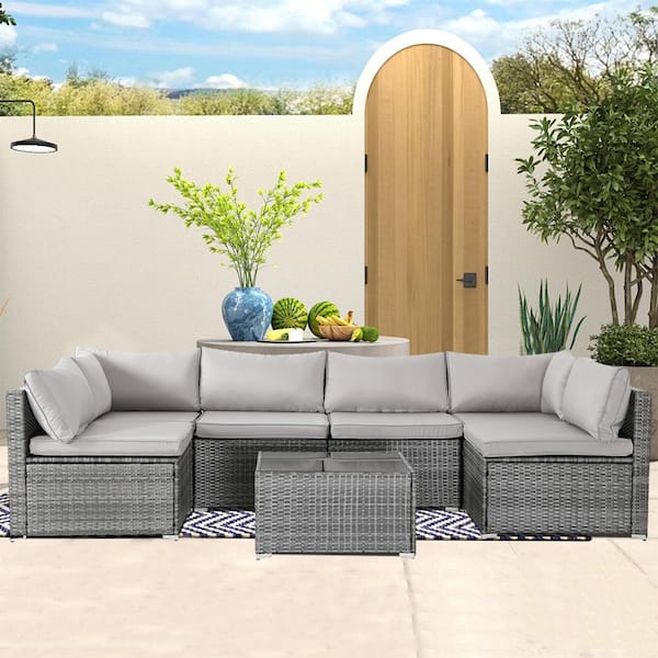Unbranded 7-Piece Grey PE Wicker Rattan Patio Outdoor Sectional Sofa with Grey Cushions