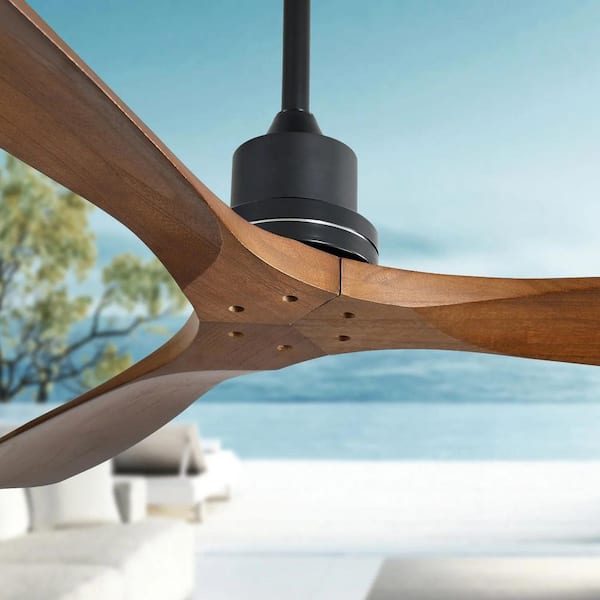 52 in. 6-Speed Indoor/Outdoor Black Farmhouse Downrod Mount Ceiling Fan with Carved Wood Brown Blade and Remote Control
