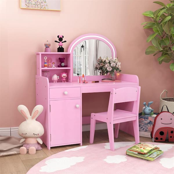 2-Piece Pink MDF Top Kid Vanity Table Set with 2-Color LED Lights and Large Drawer Shelf Cabinet