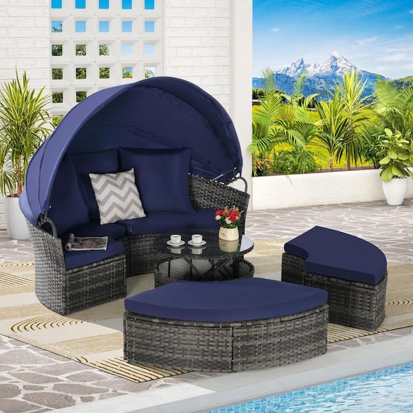 5-Piece Wicker Outdoor Day Bed with Dark Blue Cushions Retractable Canopy and Storable Table, Patio Round Daybed