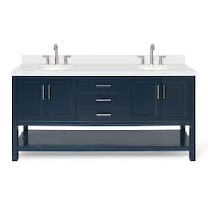 Magnolia 73 in. W x 22 in. D x 36 in. H Bath Vanity in Midnight Blue with White Pure Quartz Vanity Top with White Basins