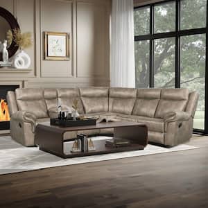 Home Theater 99.6 in. Flared Arm Polyester Reclining Sectional Sofa in Brown with Cup Holders and Charging Ports
