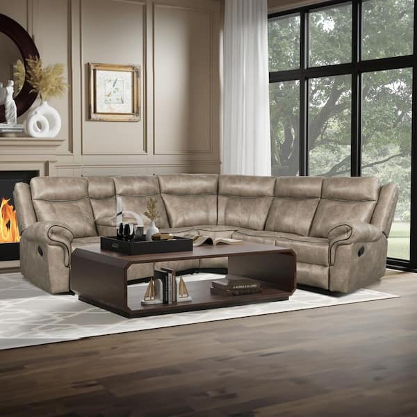 Harper Bright Designs Home Theater 99 6 In Flared Arm Polyester Reclining Sectional Sofa Brown With Cup Holders And Charging Ports Cj042aad The