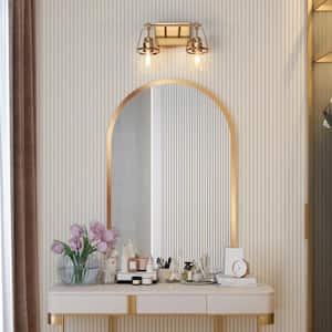Mid-Century Modern 13 in. 2-Light Plated Brass Vanity Light with Bell Clear Glass Shade