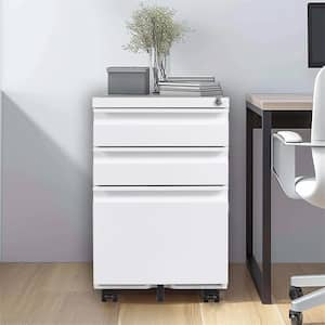 White 24 in. H Metal Office Storage Cabinet Steel Mobile File Cabinet with Lock and 3 Drawers