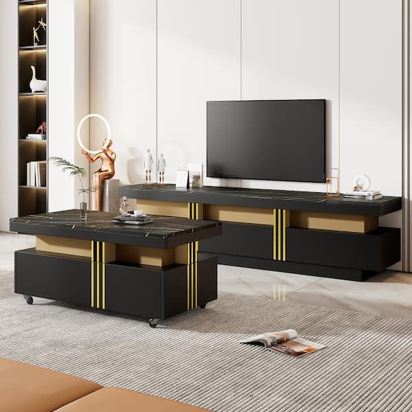 Polibi Modern Black/Gold TV Stand Fits TV's up to 78 in. with Caster Wheels