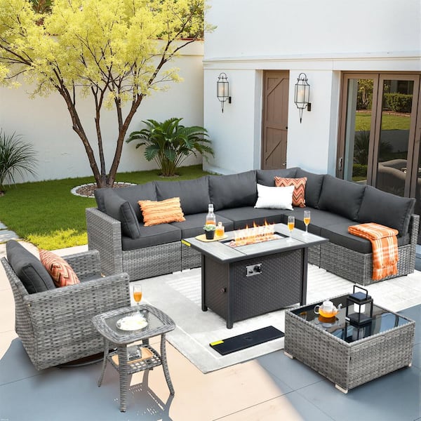 HOOOWOOO Messi Gray 10-Piece Wicker Outdoor Patio Conversation Sectional Sofa Set with a Metal Fire Pit and Black Cushions