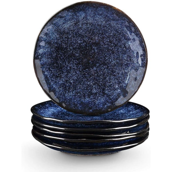 6-Piece 8 in. Round Blue Ceramic Dessert Salad Plates, Microwave, Oven, and Dishwasher Safe, Scratch Resistant