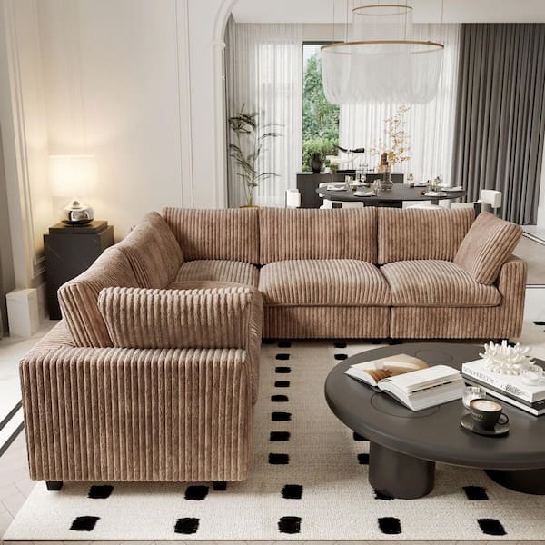 118 in. Square Arm Soft Faux Rabbit Fur Velvet 5-Piece L-Shaped Modern Comfy Cloud Modular Sectional Sofa Couch in Brown