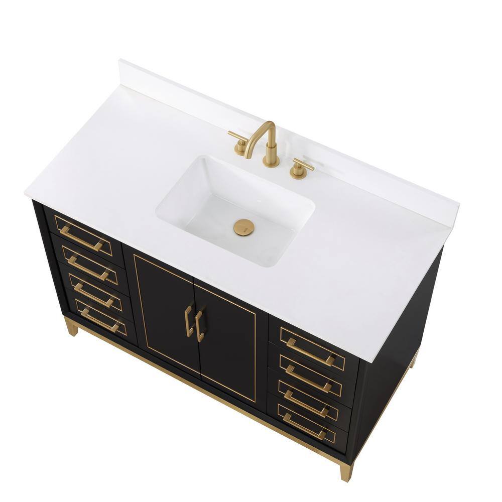 Midnight Black and White Quartz 48'' Bathroom Vanity with Brass Accents