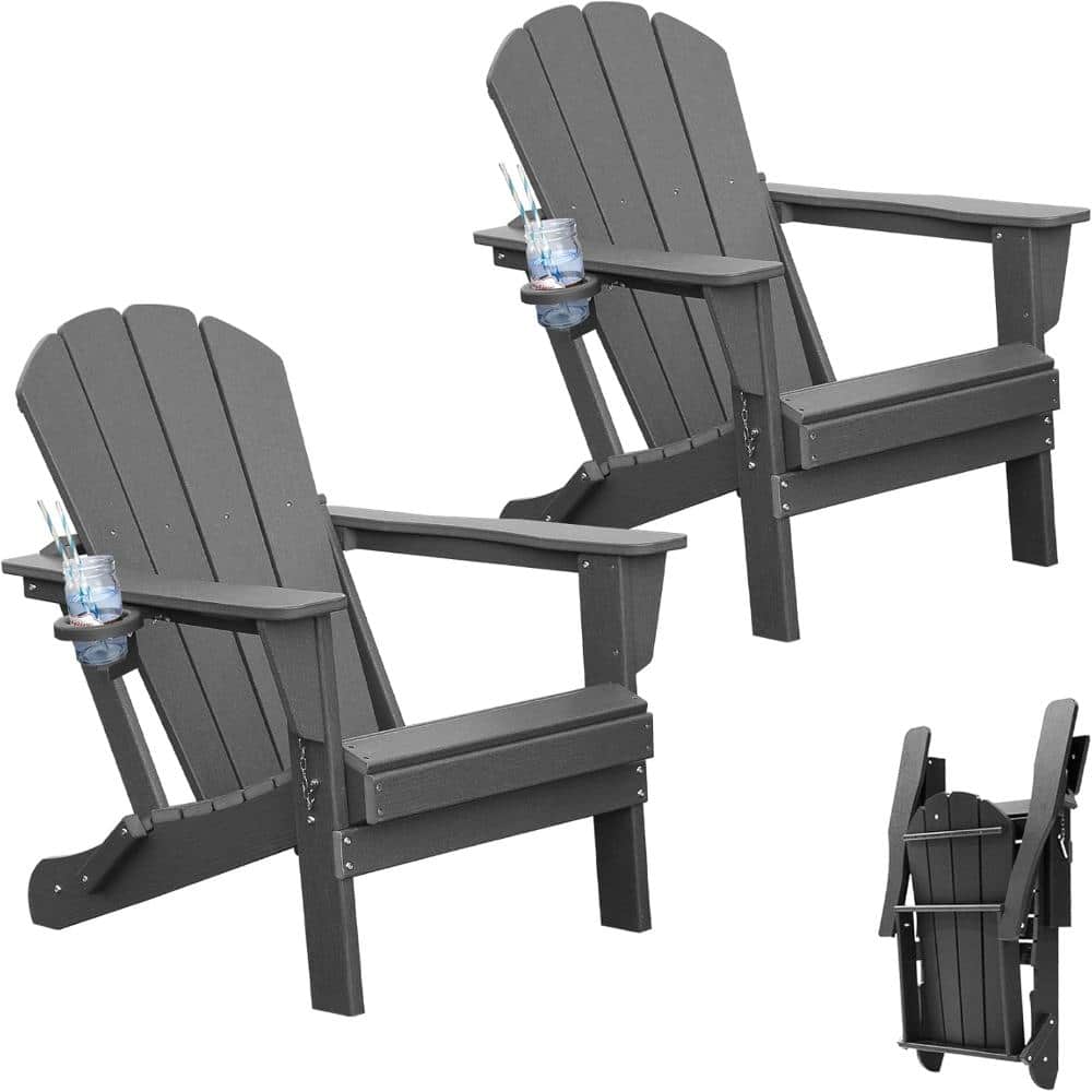 Set of 2 HDPE Plastic Folding Adirondack Chairs, with Cup Holder for Lawn Patio Deck Fire Pit -Gray price history on PriceWatchPro