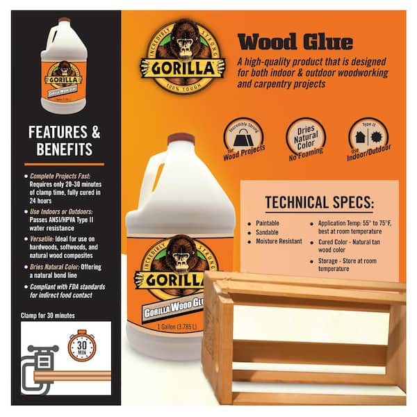 Gorilla gorilla wood glue, 4 ounce bottle, natural wood color, (pack of 2)