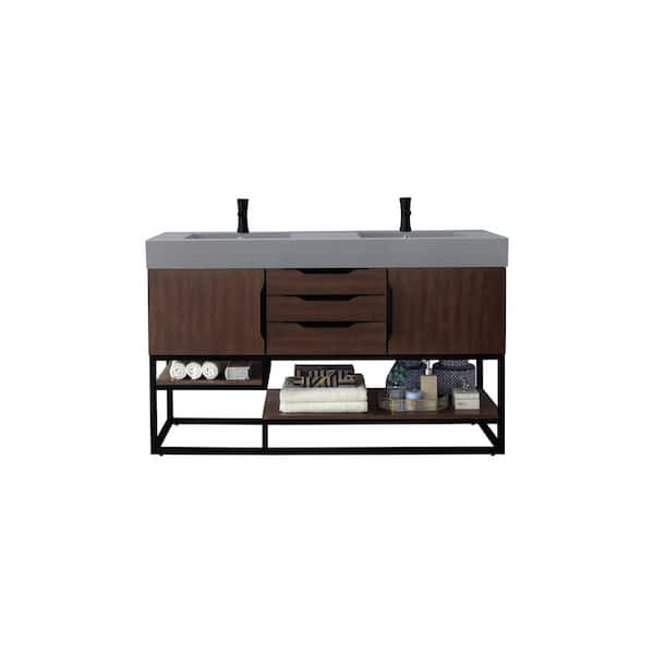 James Martin Vanities Columbia 59.0 in. W x 19.5 in. D x 36 in. H Bathroom Vanity in Coffee Oak with Dusk Grey Glossy Mineral Composite Top