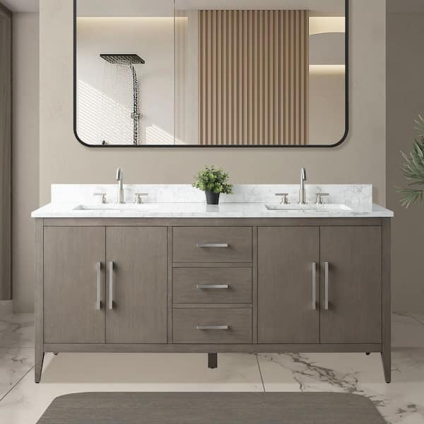 72 in. W. x 22 in. D x 34 in. H Double Sink Bathroom Vanity Cabinet Driftwood Gray with Engineered Marble Top in White