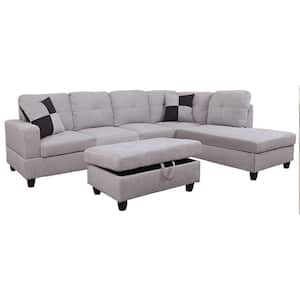 104 in. Square Arm 3-Piece Microfiber L-Shaped Sectional Sofa in Gray