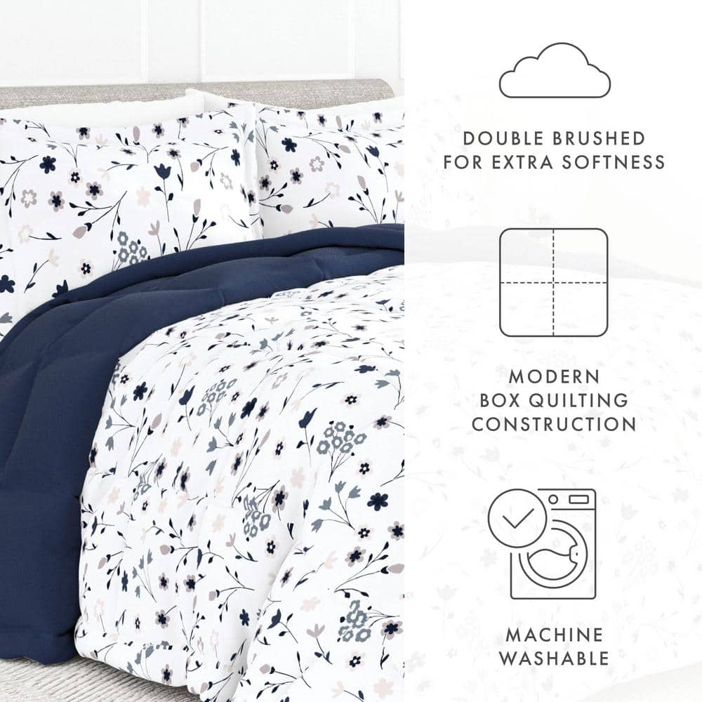 Twin Navy Floral Down Alternative Reversible Comforter Set