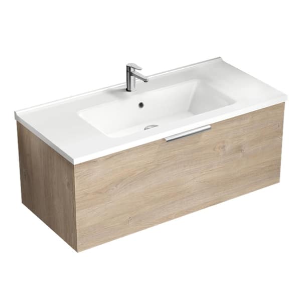 Nameeks Bodrum 39.37 in. W x 17.72 in. D x 16.14 in. H Modern Bathroom Vanity in Brown Oak With White Ceramic Top