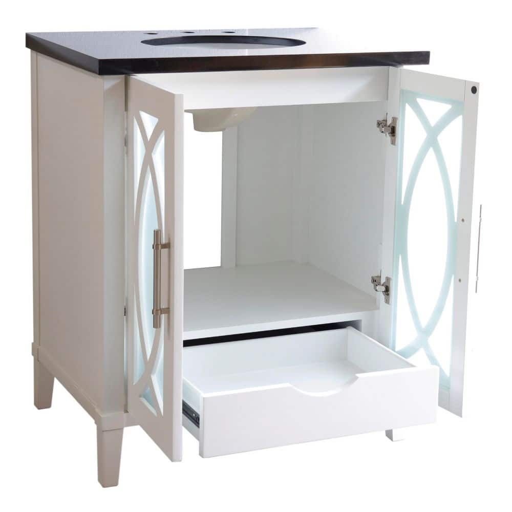 White Freestanding Single Vanity with Black Granite Top