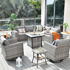 Crater Grey 10-Piece Wicker Outdoor Patio Fire Pit Conversation Sofa Set with Swivel Chairs and Dark Grey Cushions