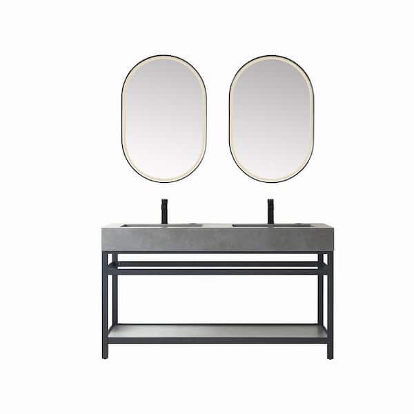 ROSWELL Bilbao 60 in. W x 22 in. D x 34 in. H Double Sink Bath Vanity in Matte Black with Grey Natural Stone Top and Mirror