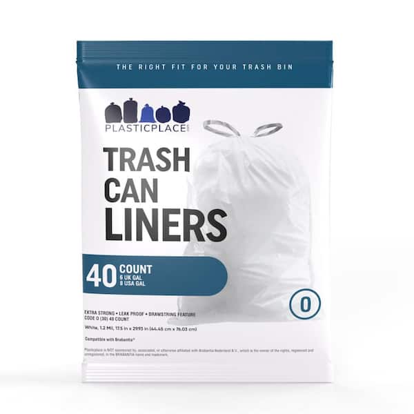 Plasticplace 8 Gal. 17.5 in. x 29.93 in. White Drawstring Trash Bags Compatible with Brabantia Code O (40-Count)