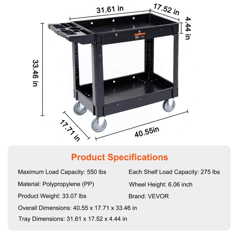 Black Heavy Duty 2-Shelf Rolling Utility Cart with Swivel Wheels