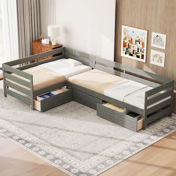 Gray Wood Frame Twin Size L-shaped Platform Bed with Storage Drawers
