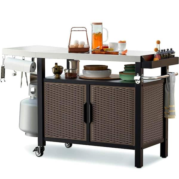 Hitechluxe Portable Grill Cart with Storage Cabinet with XL Stainless Steel Top, Storage Cabinet & 360 Degree Wheels