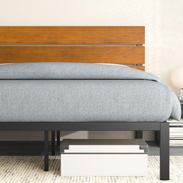 Brown Metal and Bamboo Frame King Platform Bed with Wood Slat Support