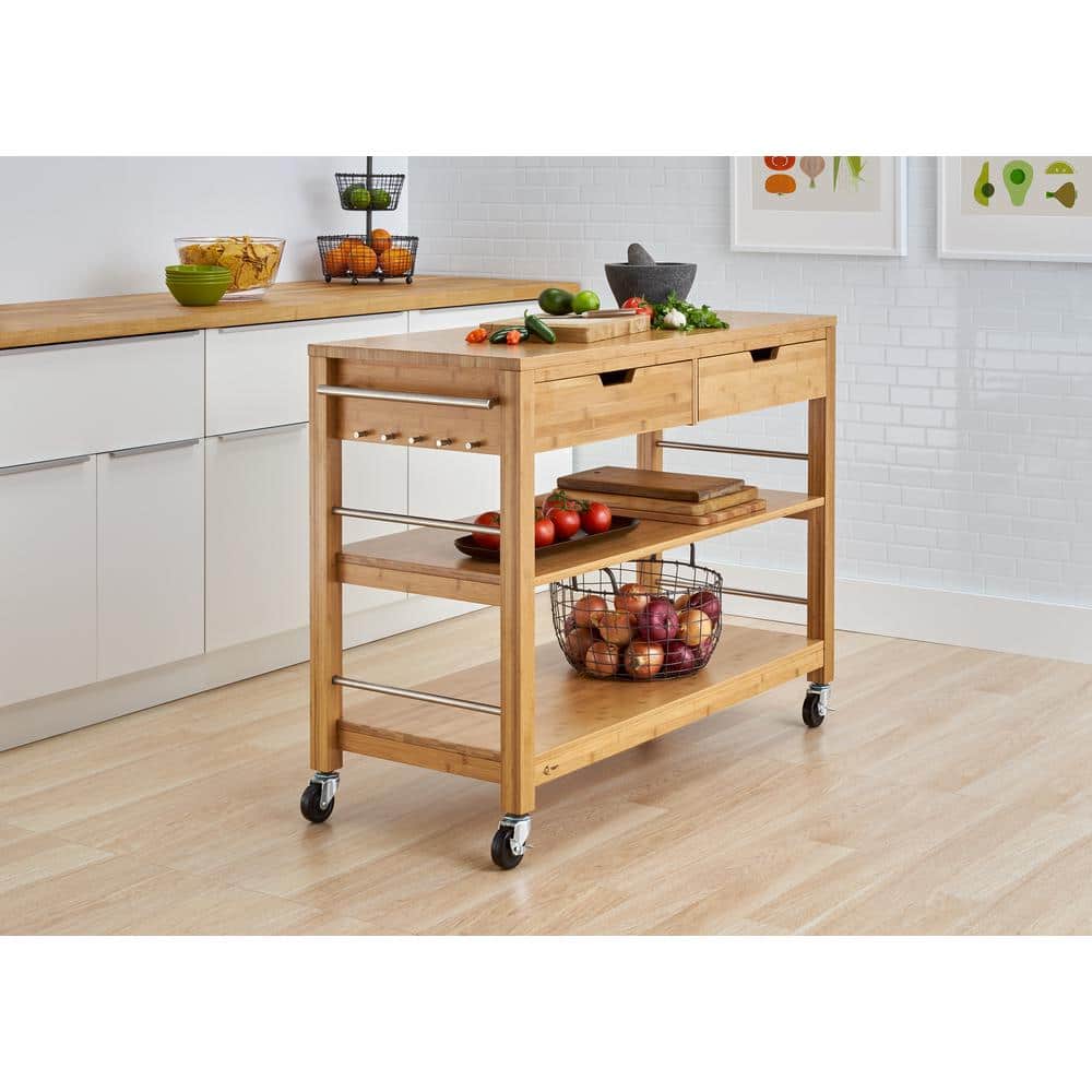 Sleek 48" Bamboo and Stainless Steel Kitchen Island with Casters