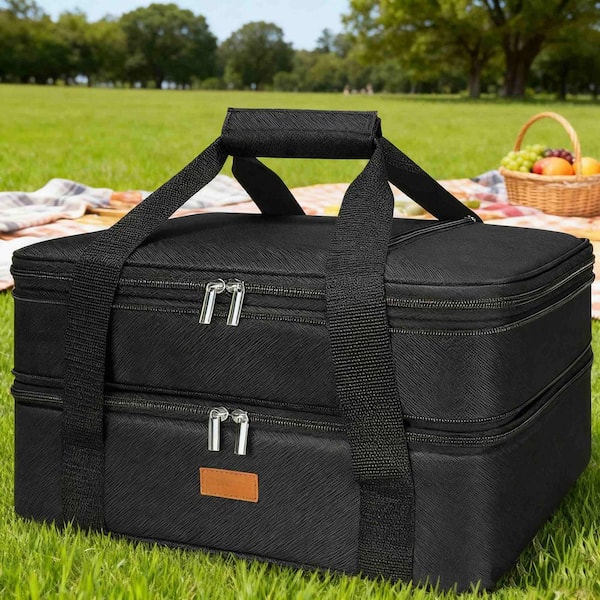 Double Deck 15.7 in. Black Expandable Insulated Casserole Pie Carrier Bag Tote for Hot or Cold Food