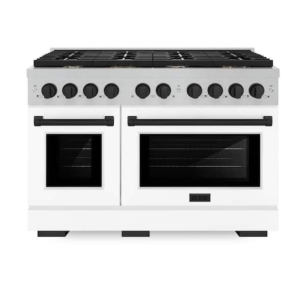 ZLINE Kitchen and Bath Autograph 48 in. Paramount Double Oven Gas Range with 8 Burners in Satin Steel with White Doors and Black Accents