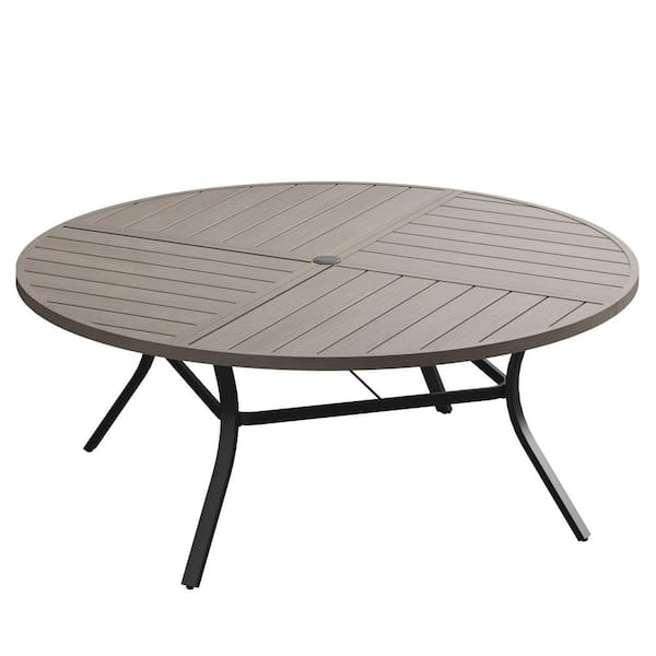 59.8 in. Grey Wood-Like Round Outdoor Metal Patio Dining Table for 10, All-Weather Garden Table