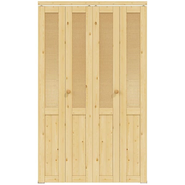 48 in. x 80 in. Half Paneled Solid Core Unfinished Pine Wood and Imitated Rattan Weaving Bi-Fold Door with Hardware