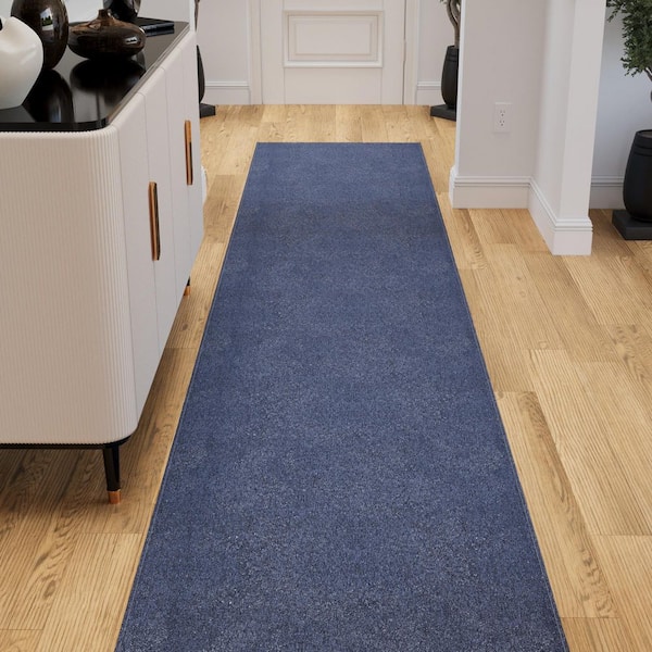 Emmy Non-Slip Rubberback Indoor Custom Cut Extra Long Runner Rug Beige 2 ft. x 19 ft., Navy