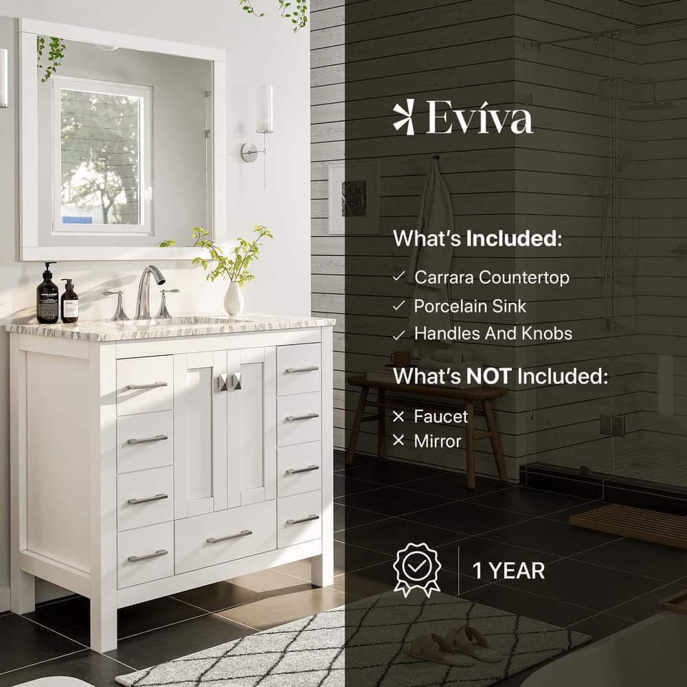 Hampton 36" White Solid Wood Bathroom Vanity with Carrara Marble Top