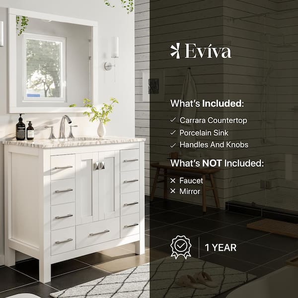 Eviva Hampton 36 x 18 White Transitional Bathroom Vanity with White Carrara Top