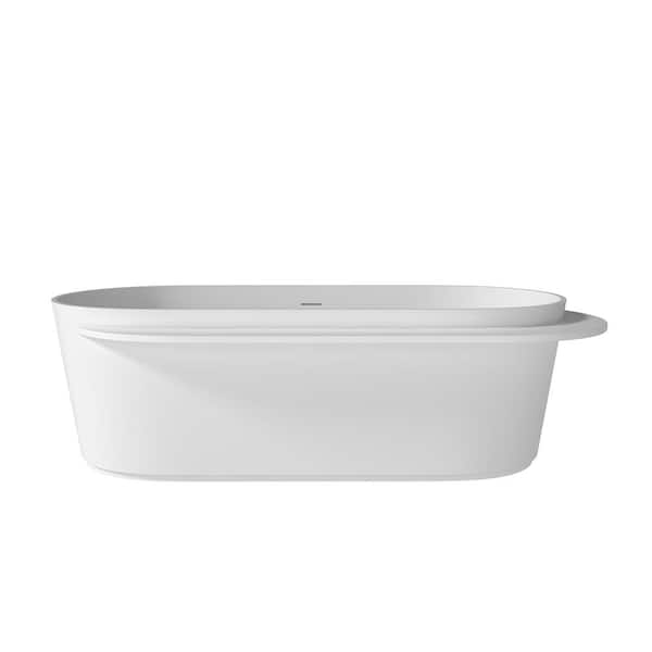 VANITYFUS 70.86 in. Stone Resin Flatbottom Solid Surface Freestanding Soaking Bathtub in White with Brass Drain
