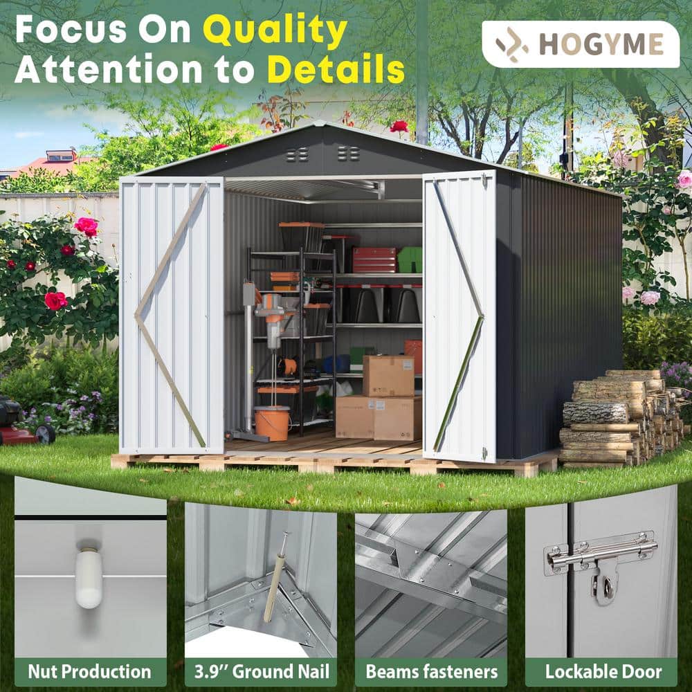 8' x 12' Gray Metal Garden Storage Shed with Double Doors