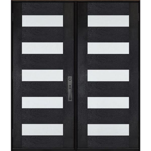 Regency 72 in. x 80 in. 5L Modern Clear Glass RHOS Onyx Stain Fiberglass Double Prehung Front Door w/8011 Black Lockset