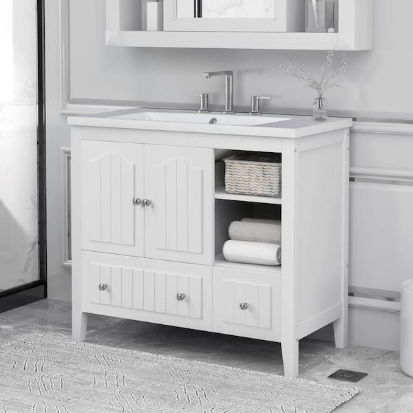 FAMYYT 36 in. W x 18 in. D x 32 in. H Freestanding Bath Vanity in White with White Ceramic Top and White Sink