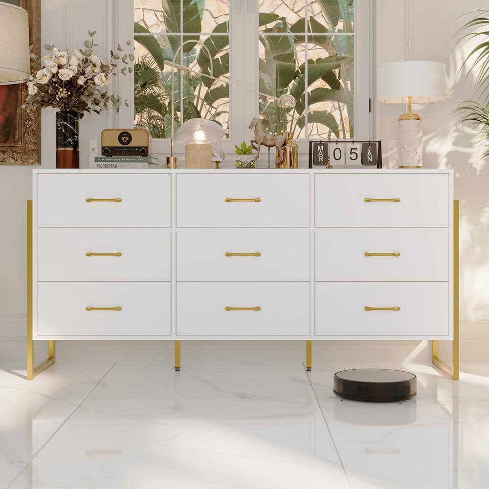 FUFU&GAGA White 9 Drawer 61.4 in. Wide Dresser with Golden Handles and Metal Frame Legs, Modern Chest of Drawers with Storage