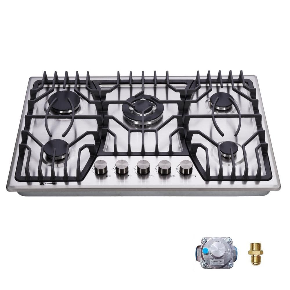 30 in. 5 Burners Recessed Gas Cooktop in Stainless Steel, LPG/NG Dual Fuel with Thermocouple Protection