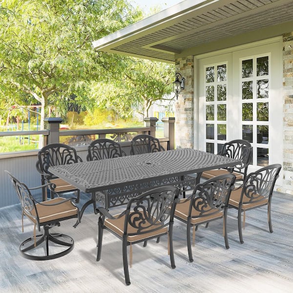 Black 9-Piece Cast Aluminum Rectangular Outdoor Dining Set with 2 Swivel Chairs, All-Weather Powder Coating