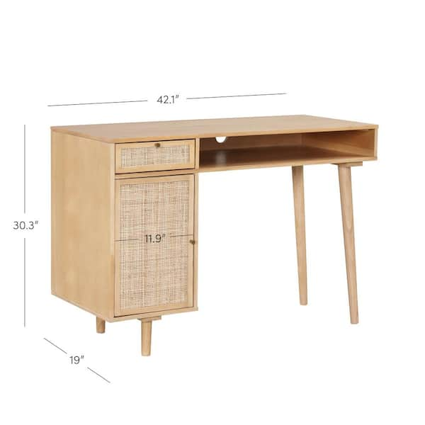 Nathan James Aaron Modern Desk with Storage, Natural Rattan Table with Square Webbing and Gold Accent Knobs, Natural Brown